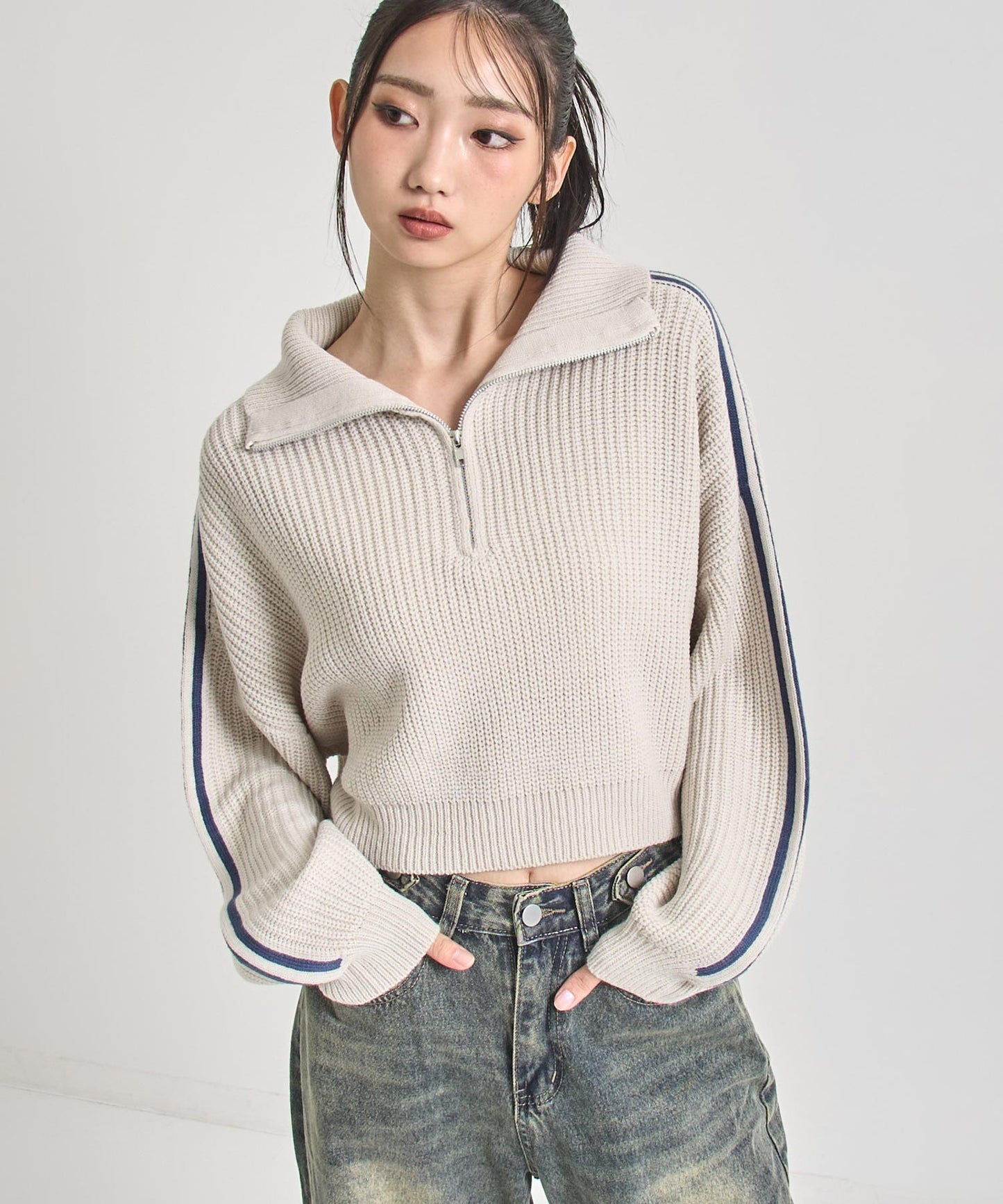 ハーフジップ ライン デザイン ニット トップス 793-9421