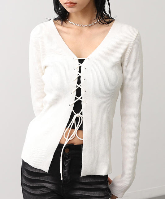 レースアップ リブニット トップス 793-9434