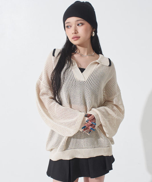メッシュ編み スキッパーニット トップス 793-9448