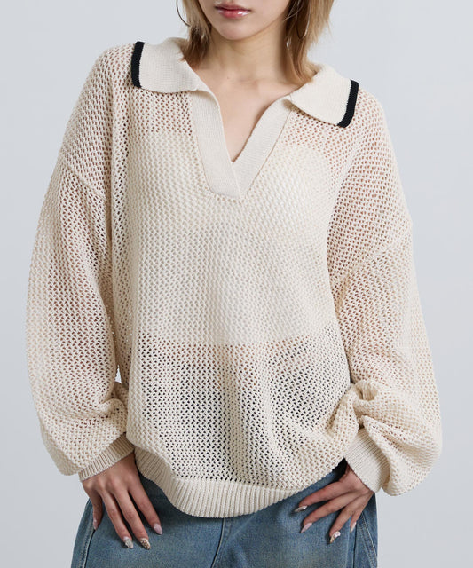 メッシュ編み スキッパーニット トップス 793-9448