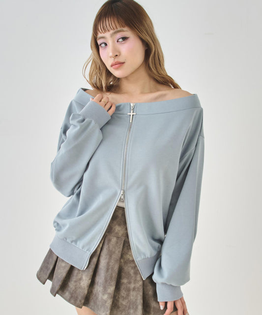 裏毛 クロスチャーム Wジップ スウェット オフショル パーカー 793-9455