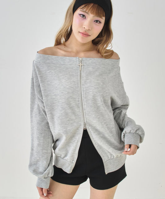 裏毛 クロスチャーム Wジップ スウェット オフショル パーカー 793-9455