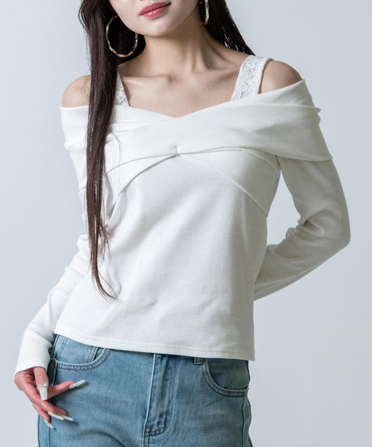肩レース オフショルダー リブトップス  793-9460