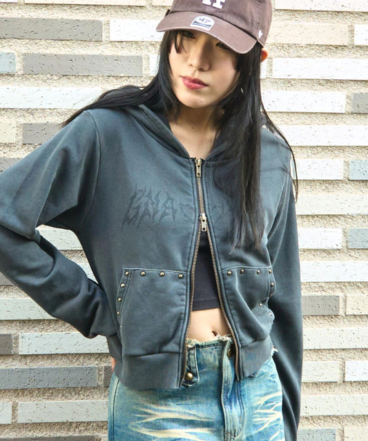 スタッズ デザイン ダブルジップ ピグメント コンパクト パーカー  794-9412