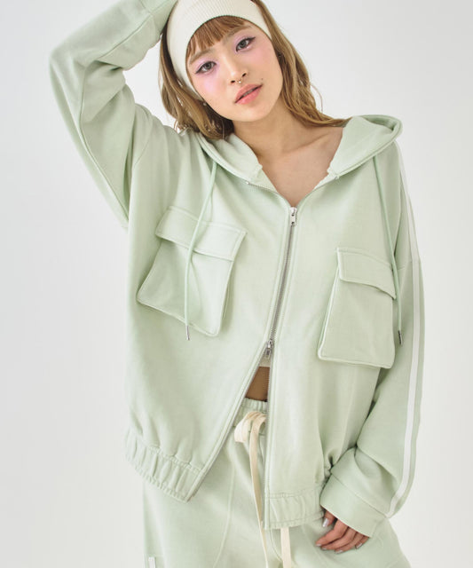 Wジップ カーゴポケット ライン スウェット パーカー 794-9476