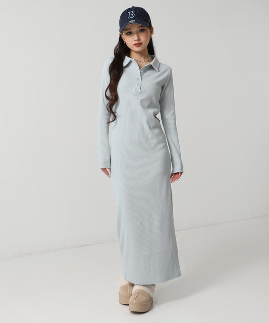 ポロ襟 リブ ロング ワンピース 797-9389