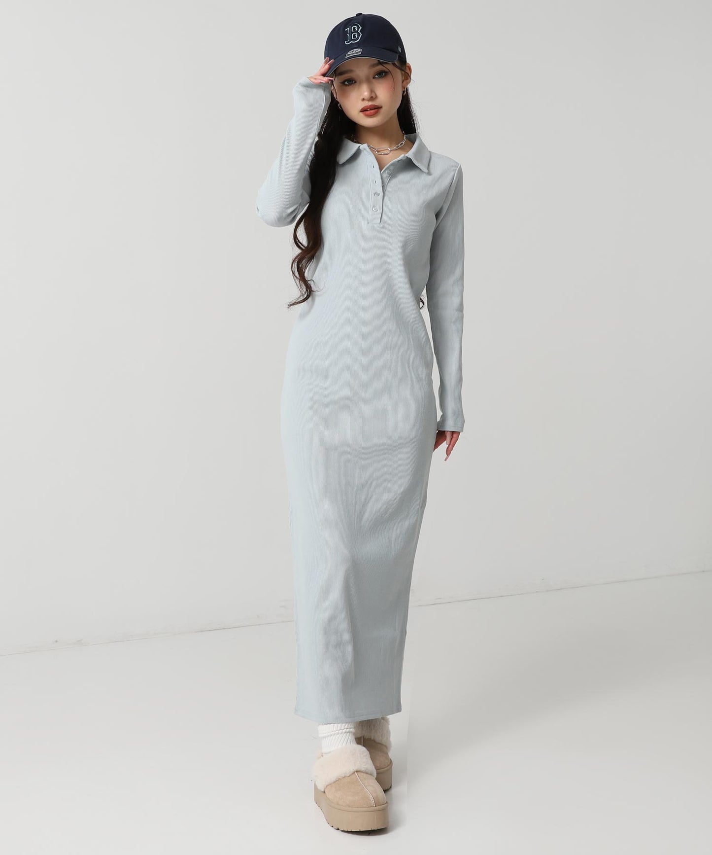 ポロ襟 リブ ロング ワンピース 797-9389