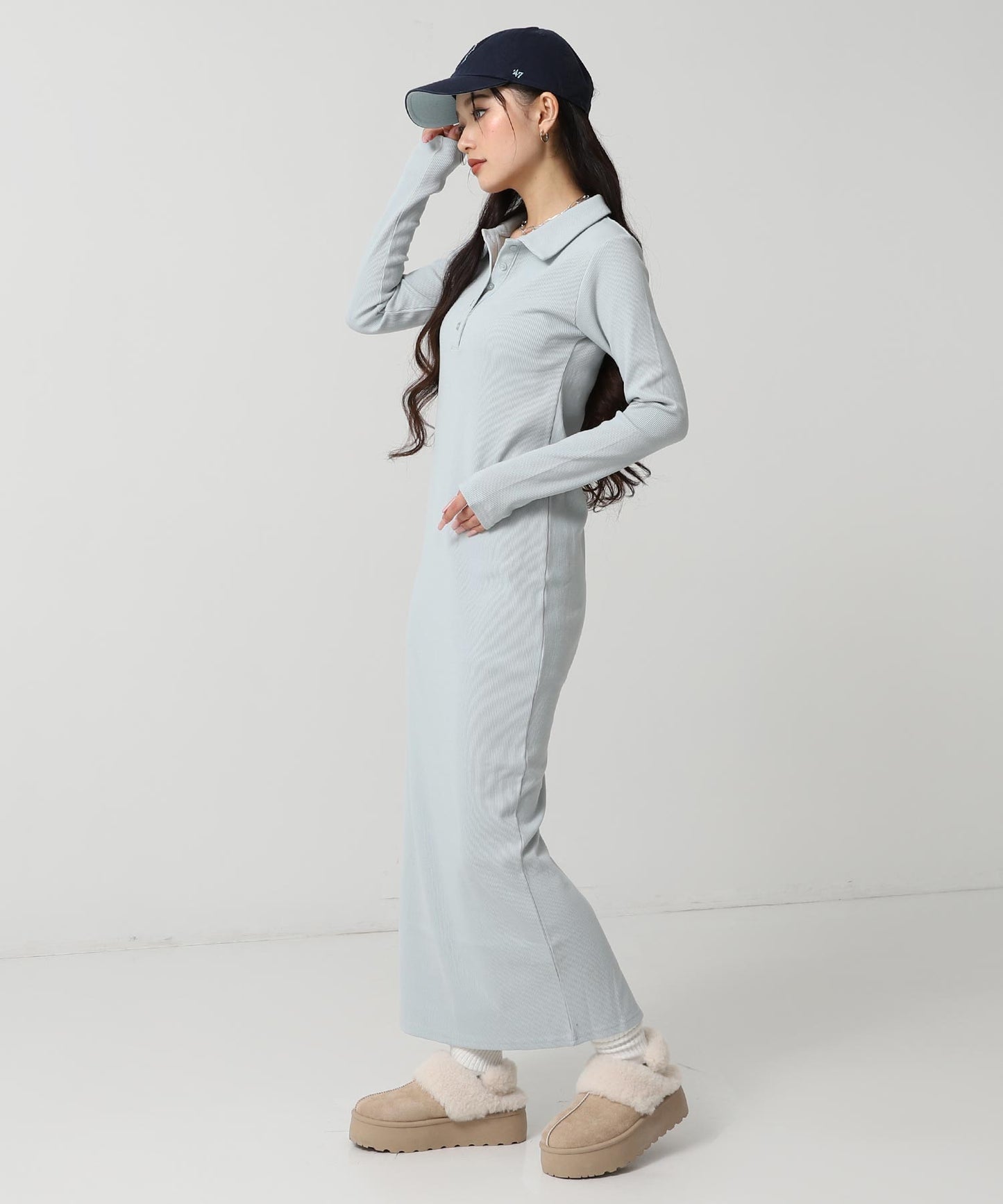 ポロ襟 リブ ロング ワンピース 797-9389