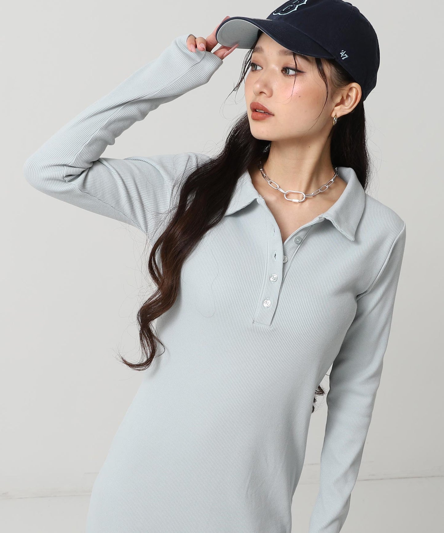 ポロ襟 リブ ロング ワンピース 797-9389