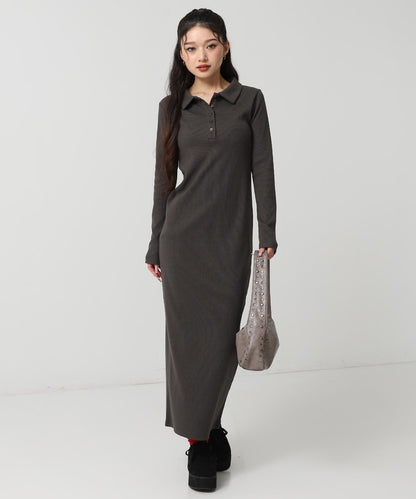 ポロ襟 リブ ロング ワンピース 797-9389