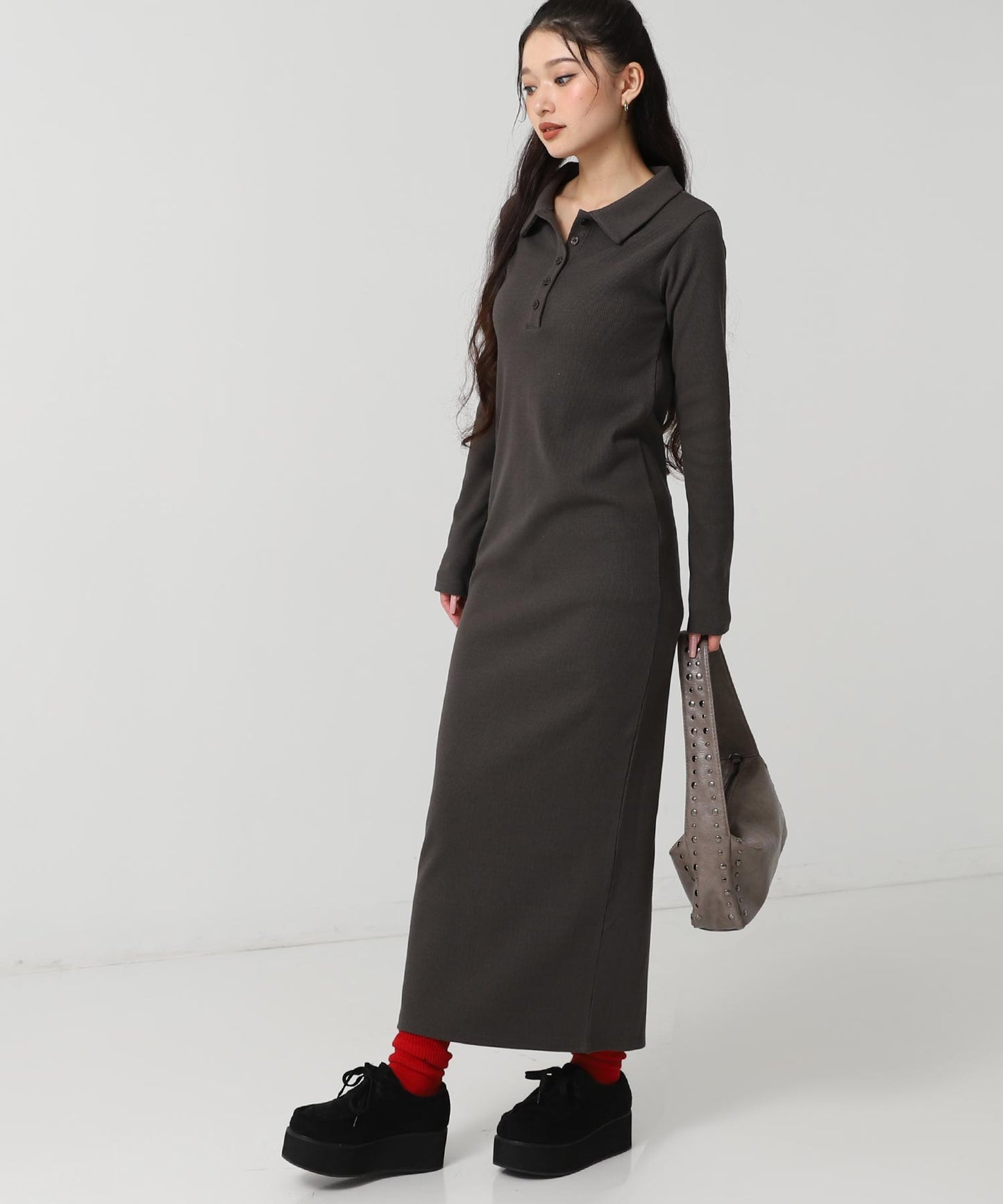 ポロ襟 リブ ロング ワンピース 797-9389