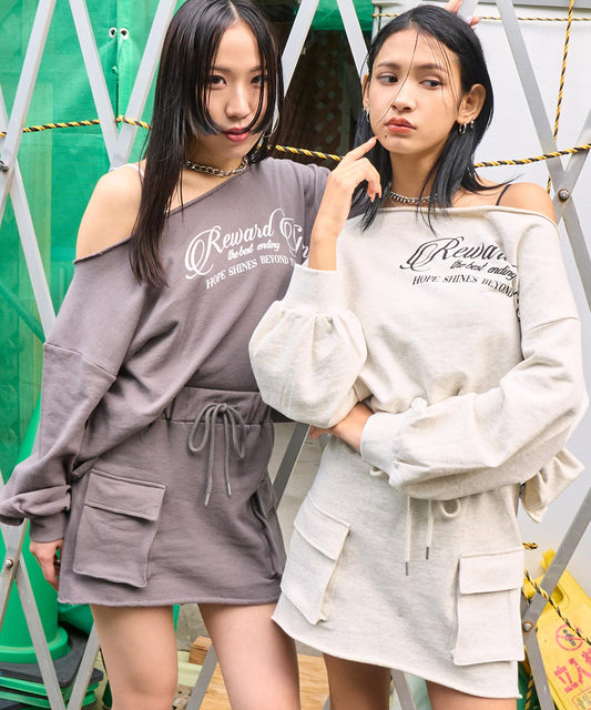 ワンショルダー トップス × カーゴ ミニスカート 裏毛 セットアップ  798-9384