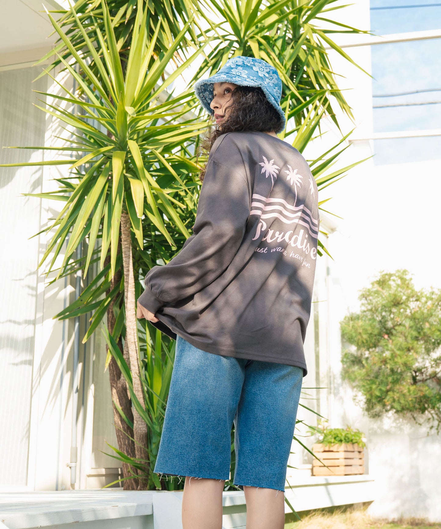 パームツリー サーフプリント ビッグ ロングスリーブ Tシャツ 853-5949