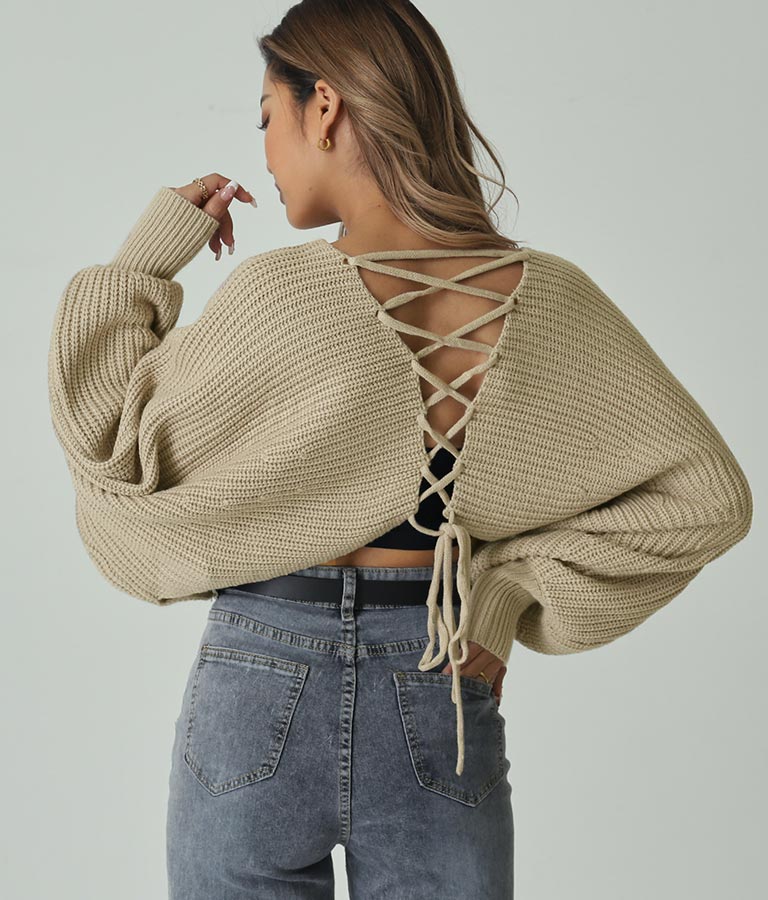 レースアップドルマンスリーブニットトップス 153-5113