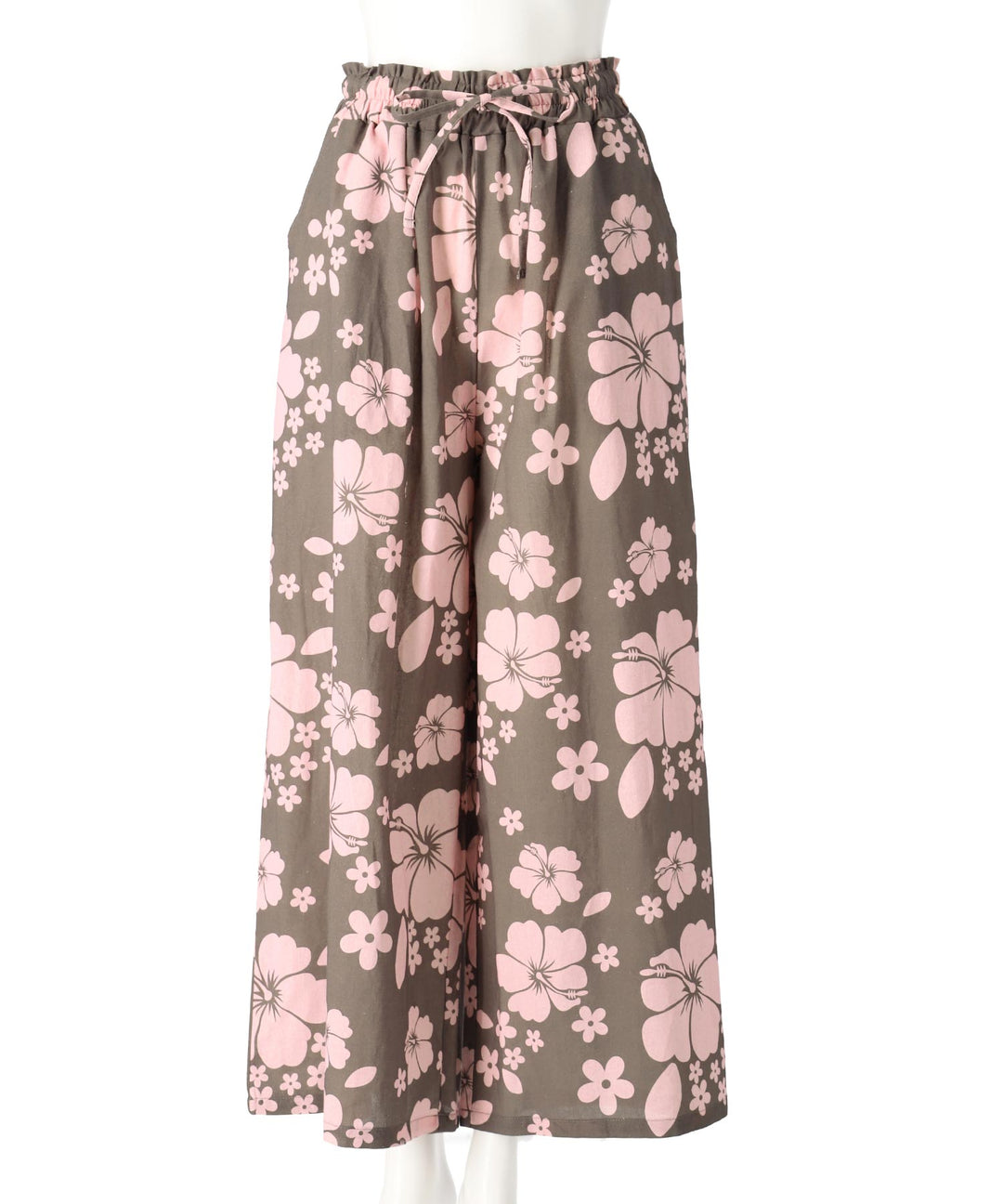 リネンタッチ ハイビスカス柄 リゾート ワイド パンツ 852-6039