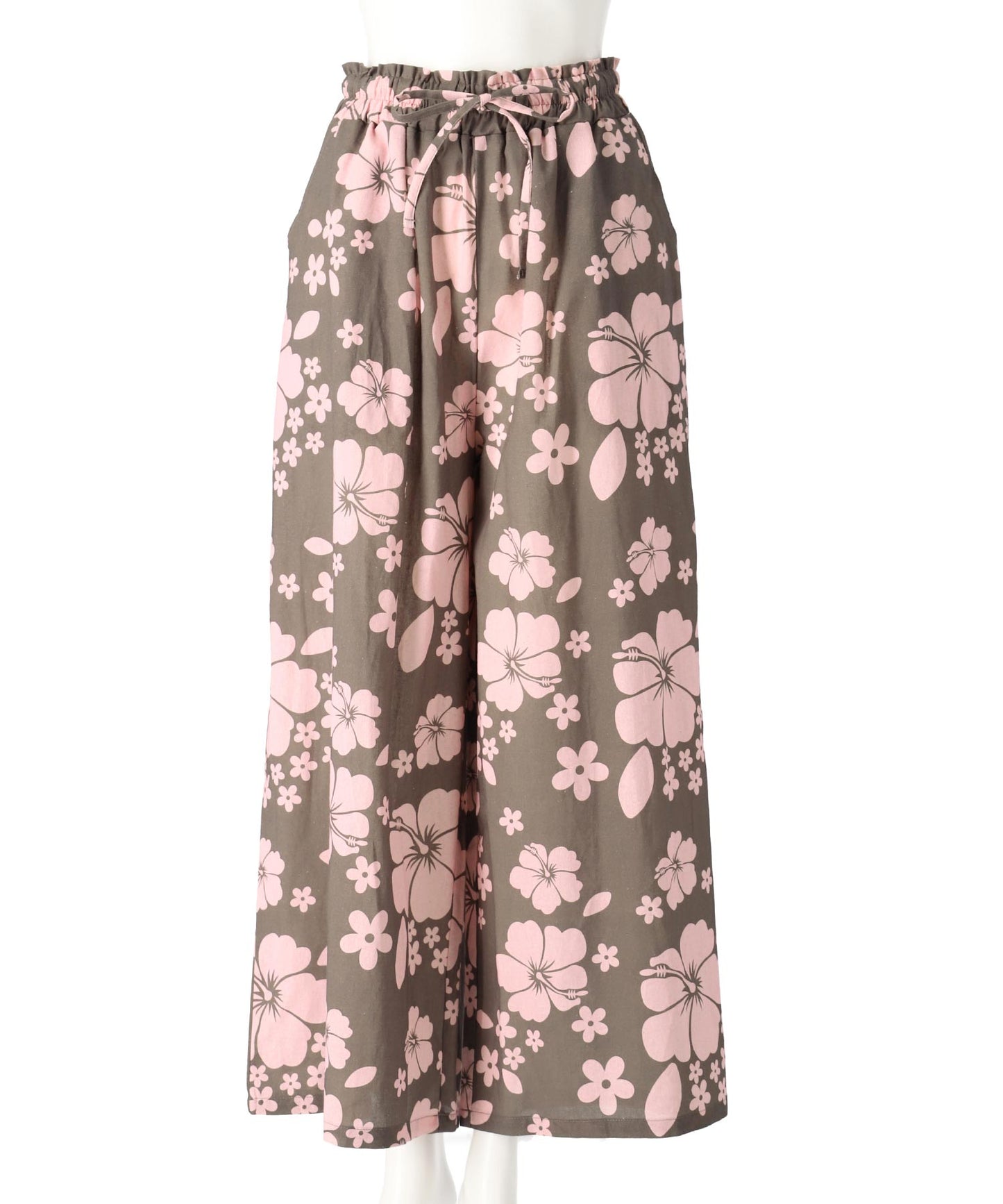 リネンタッチ ハイビスカス柄 リゾート ワイド パンツ 852-6039