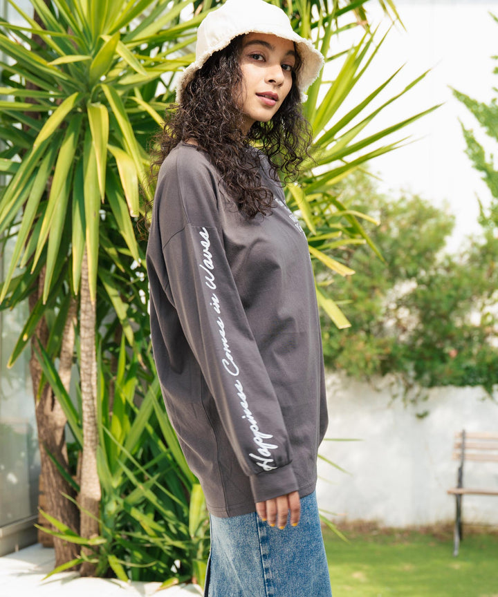 カラーメッセージ 刺繍 袖プリント ビッグ ロングスリーブTシャツ 853-5950
