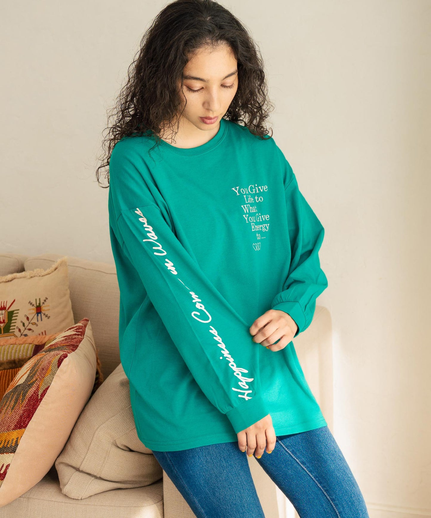 カラーメッセージ 刺繍 袖プリント ビッグ ロングスリーブTシャツ 853-5950