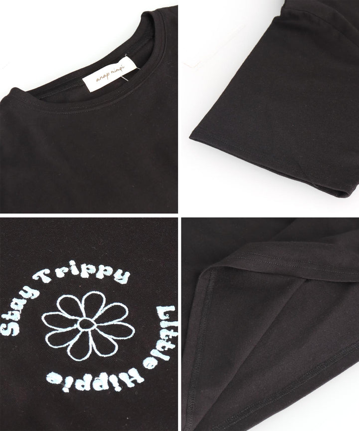 ヒッピー メッセージ ロゴ プリント × フラワー 刺繍 Tシャツ 853-5953