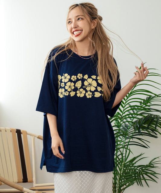 バック ハイビスカス プリント オーバーサイズ Tシャツ 853-5957