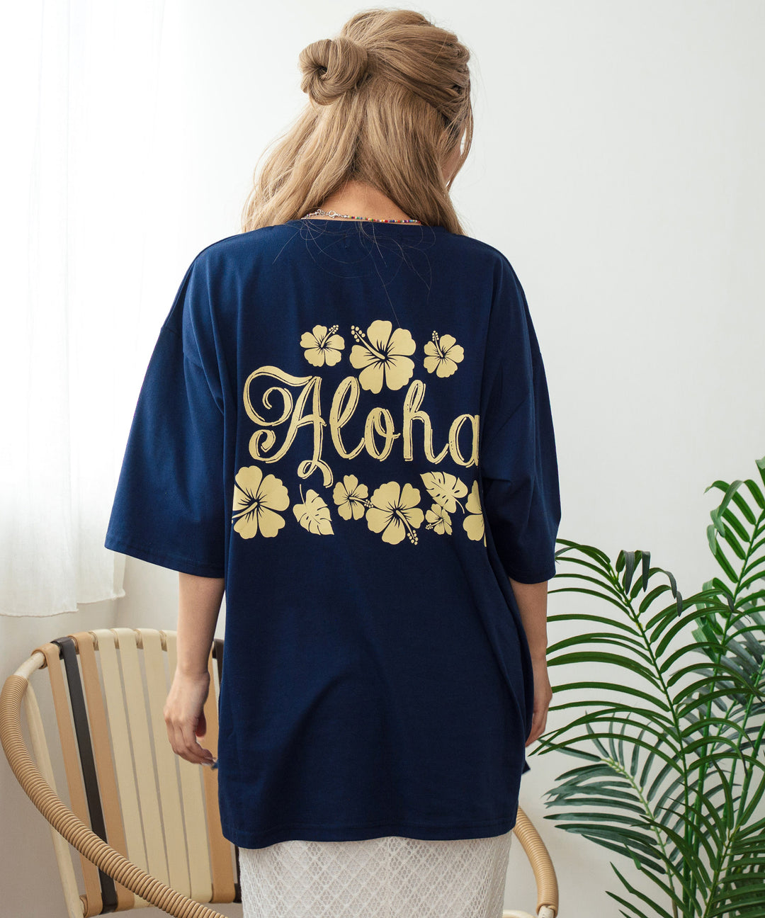 バック ハイビスカス プリント オーバーサイズ Tシャツ 853-5957
