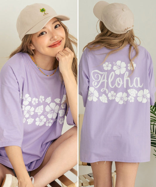 バック ハイビスカス プリント オーバーサイズ Tシャツ 853-5957