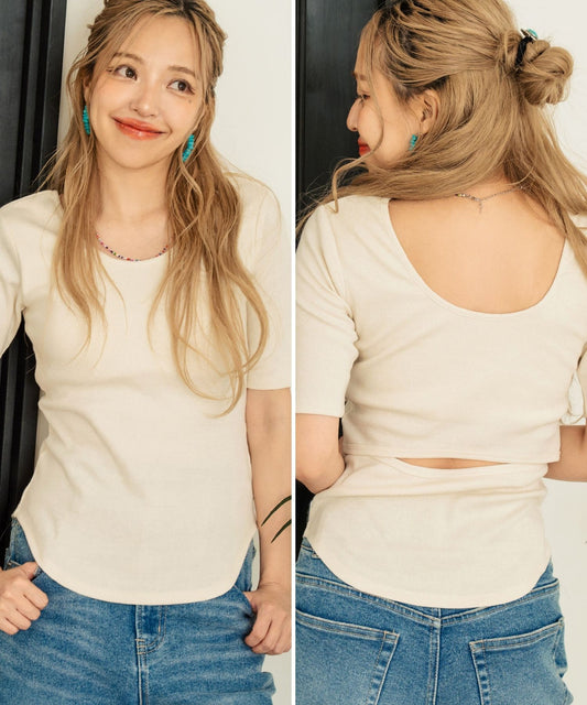 バックオープン テレコ リブ カップ付き 半袖 Tシャツ 853-6018