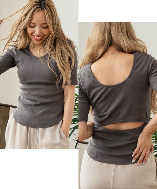 バックオープン テレコ リブ カップ付き 半袖 Tシャツ 853-6018
