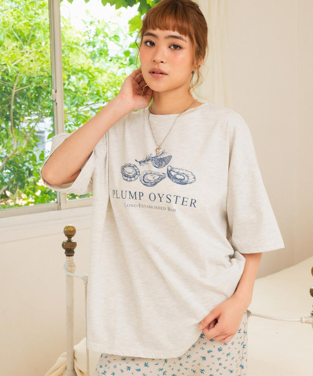 オイスター プリント 半袖 オーバーサイズ Tシャツ 853-6024