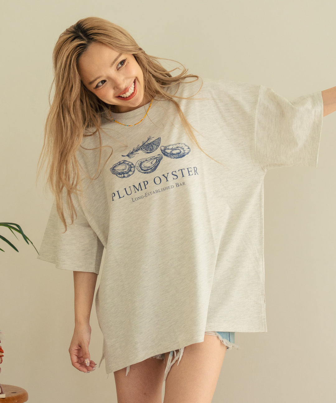 オイスター プリント 半袖 オーバーサイズ Tシャツ 853-6024