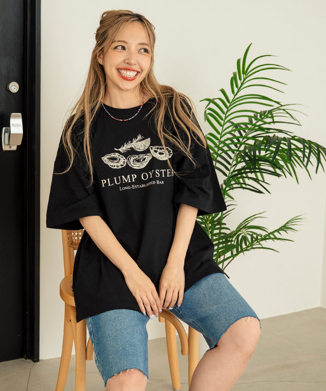 オイスター プリント 半袖 オーバーサイズ Tシャツ 853-6024