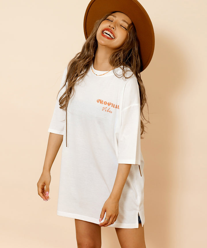 カラー パームツリー プリント オーバーサイズ Tシャツ 853-6027