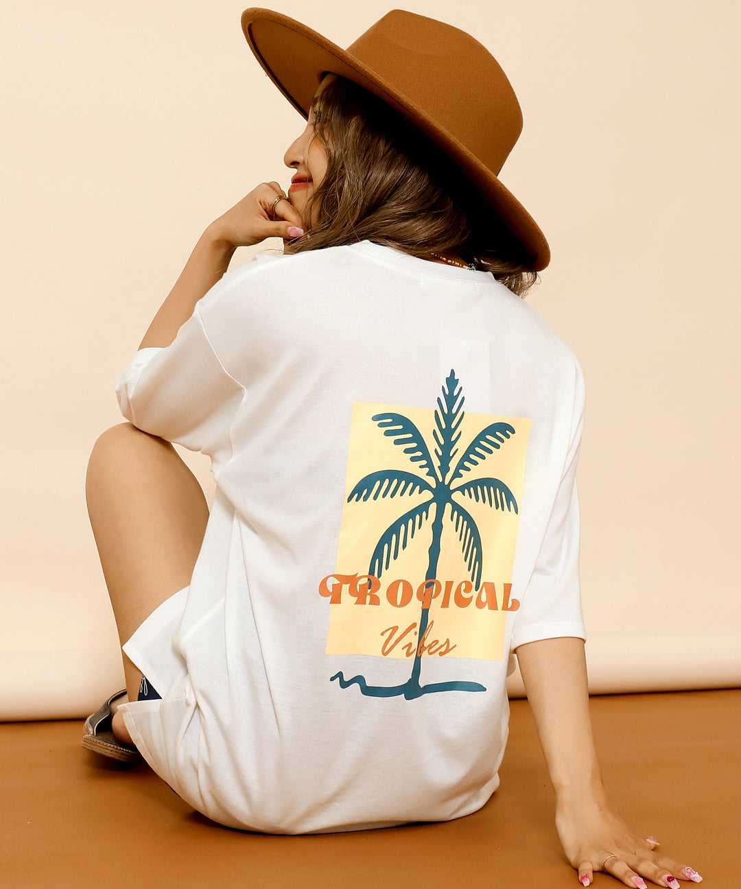 カラー パームツリー プリント オーバーサイズ Tシャツ 853-6027
