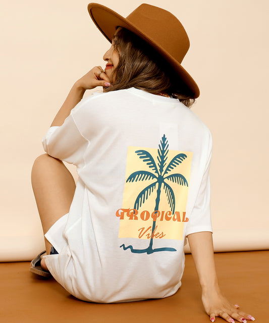 カラー パームツリー プリント オーバーサイズ Tシャツ 853-6027