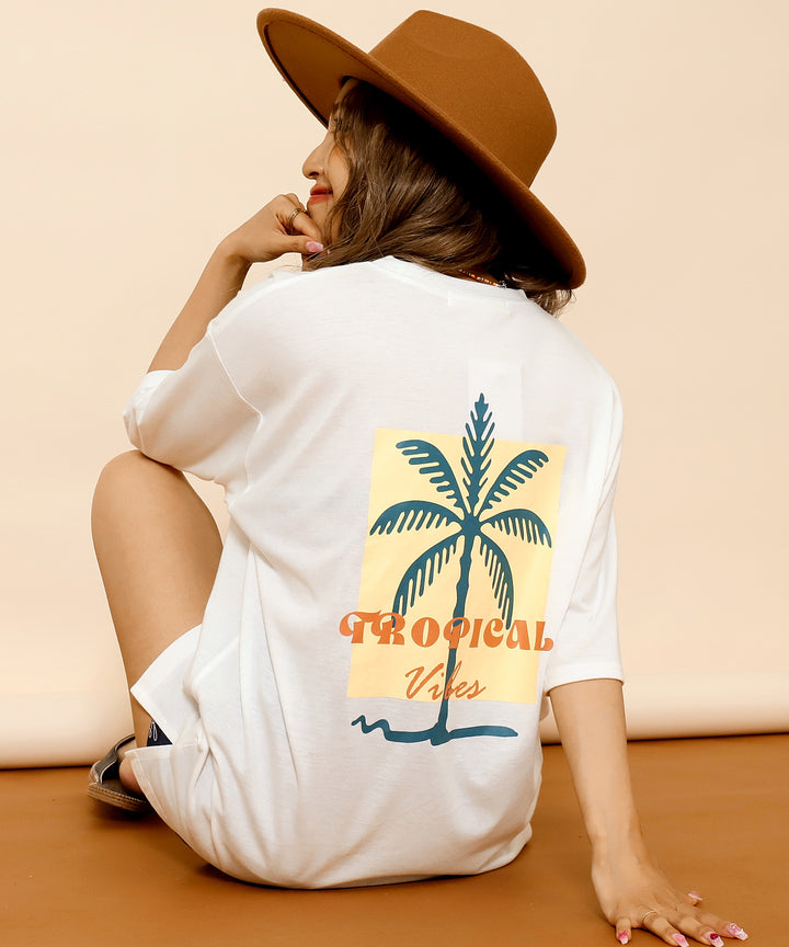 カラー パームツリー プリント オーバーサイズ Tシャツ 853-6027