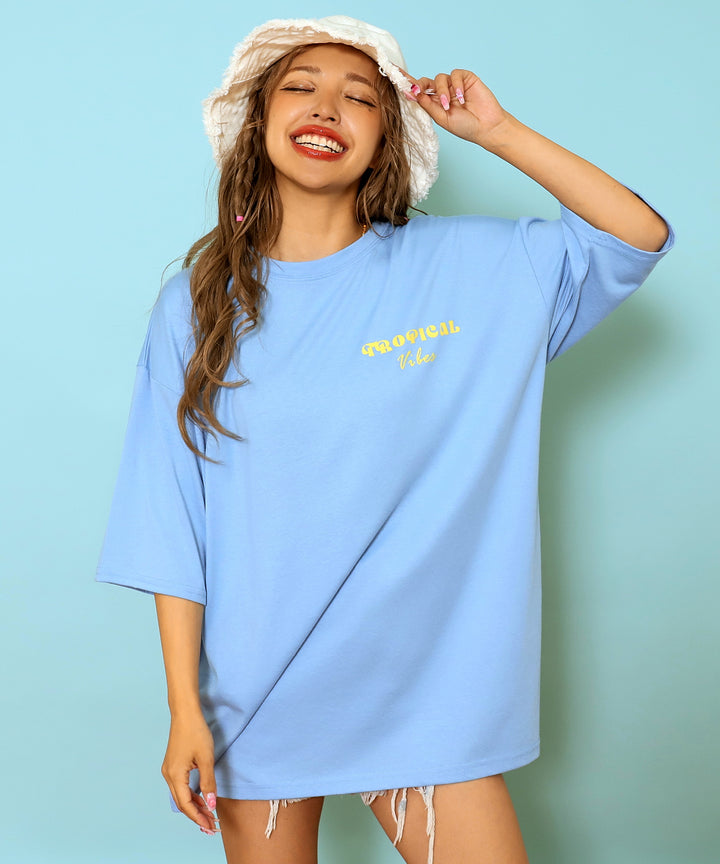 カラー パームツリー プリント オーバーサイズ Tシャツ 853-6027