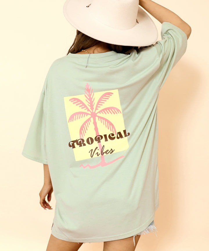 カラー パームツリー プリント オーバーサイズ Tシャツ 853-6027