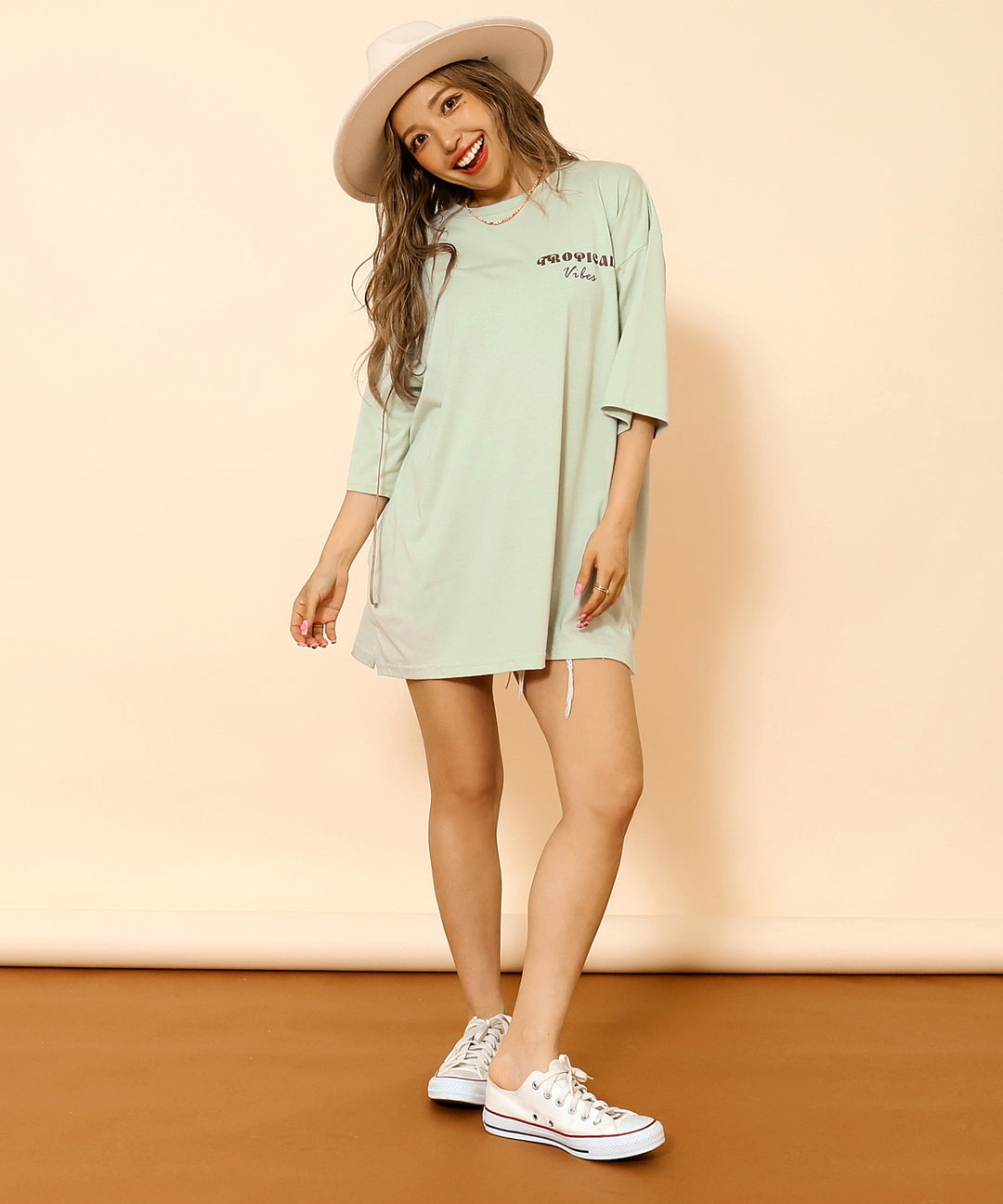 カラー パームツリー プリント オーバーサイズ Tシャツ 853-6027