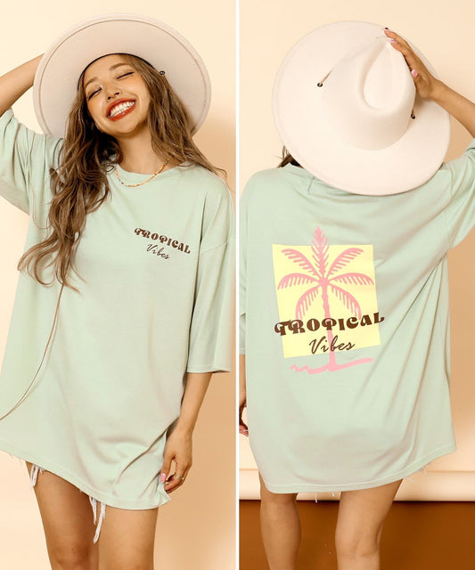 カラー パームツリー プリント オーバーサイズ Tシャツ 853-6027