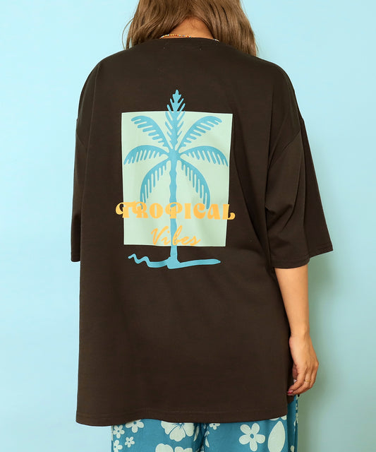 カラー パームツリー プリント オーバーサイズ Tシャツ 853-6027