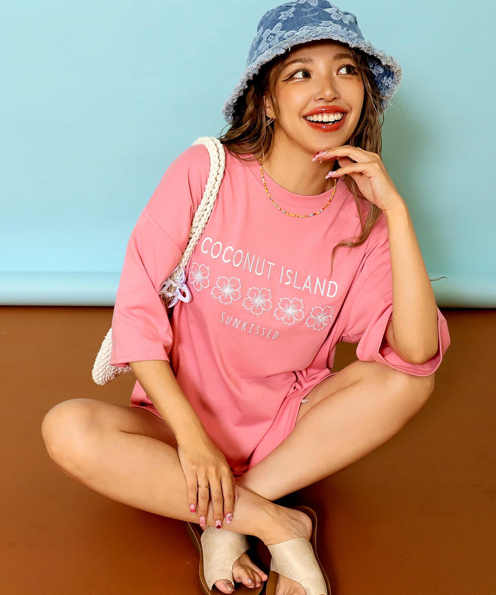 ハイビスカス カラー 刺繍 オーバーサイズ Tシャツ 853-6030