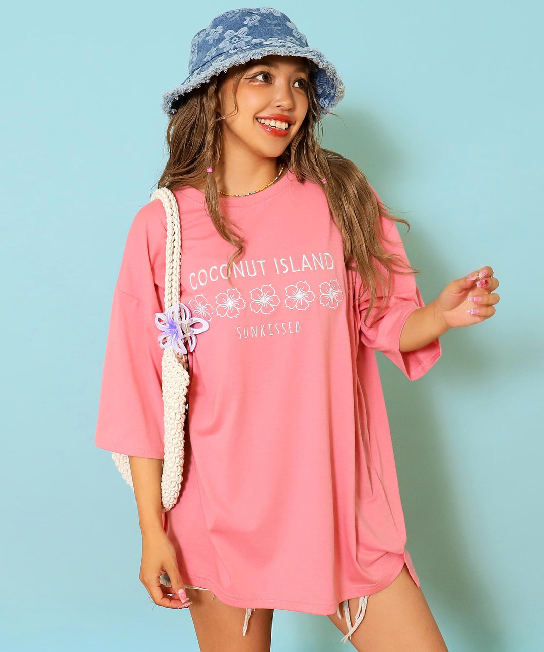 ハイビスカス カラー 刺繍 オーバーサイズ Tシャツ 853-6030