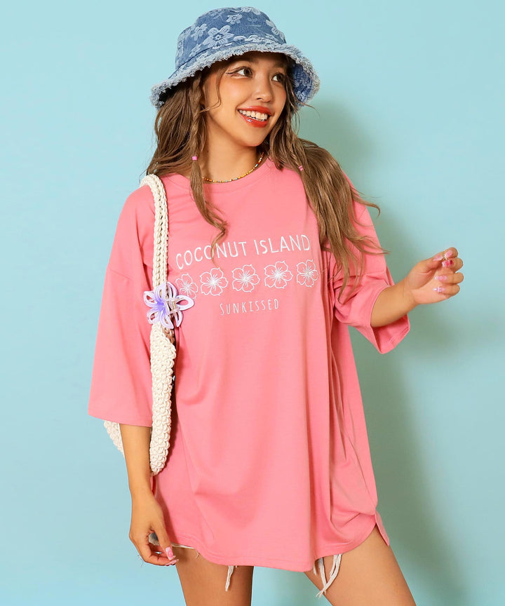 ハイビスカス カラー 刺繍 オーバーサイズ Tシャツ 853-6030