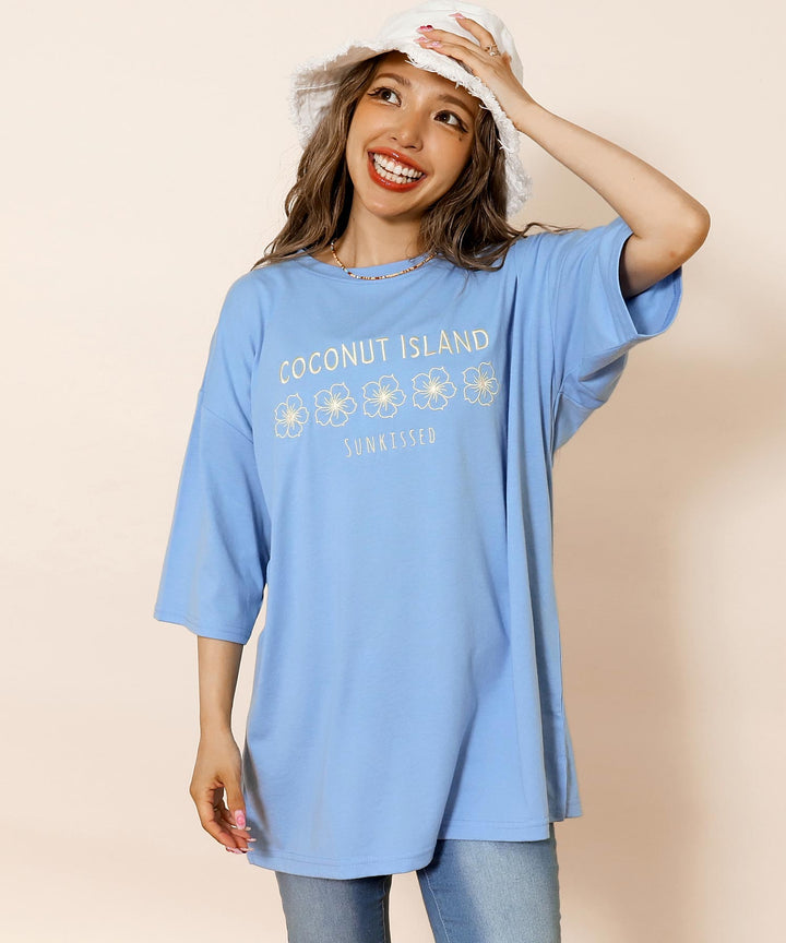 ハイビスカス カラー 刺繍 オーバーサイズ Tシャツ 853-6030