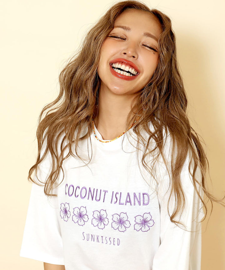 ハイビスカス カラー 刺繍 オーバーサイズ Tシャツ 853-6030