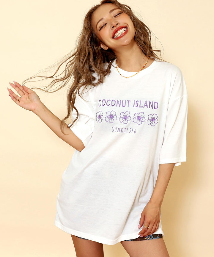 ハイビスカス カラー 刺繍 オーバーサイズ Tシャツ 853-6030