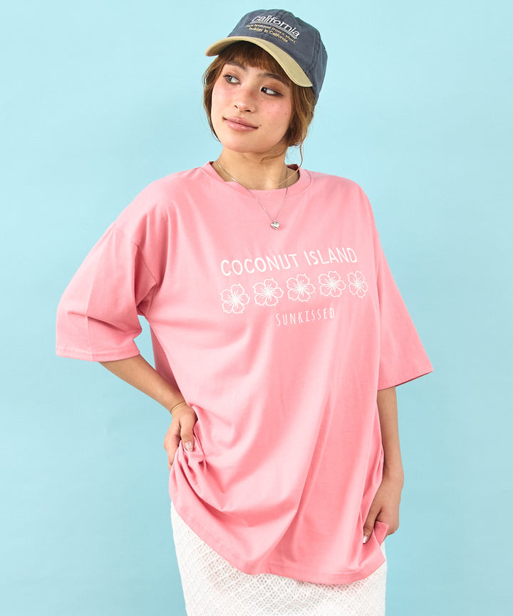 ハイビスカス カラー 刺繍 オーバーサイズ Tシャツ 853-6030