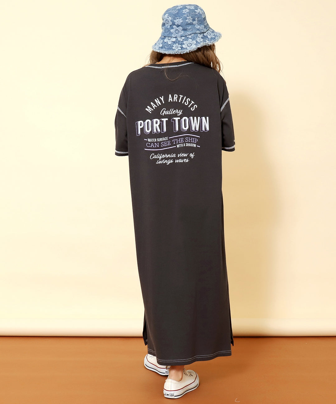 配色ステッチ ロゴ 半袖 マキシ ロング Tシャツ ワンピース 857-5932