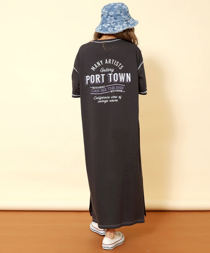 配色ステッチ ロゴ 半袖 マキシ ロング Tシャツ ワンピース 857-5932