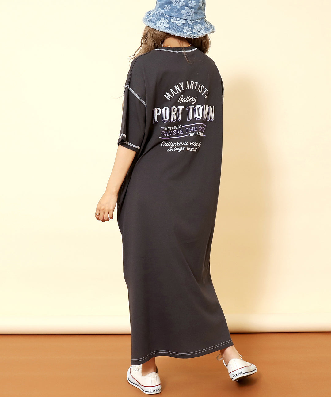配色ステッチ ロゴ 半袖 マキシ ロング Tシャツ ワンピース 857-5932